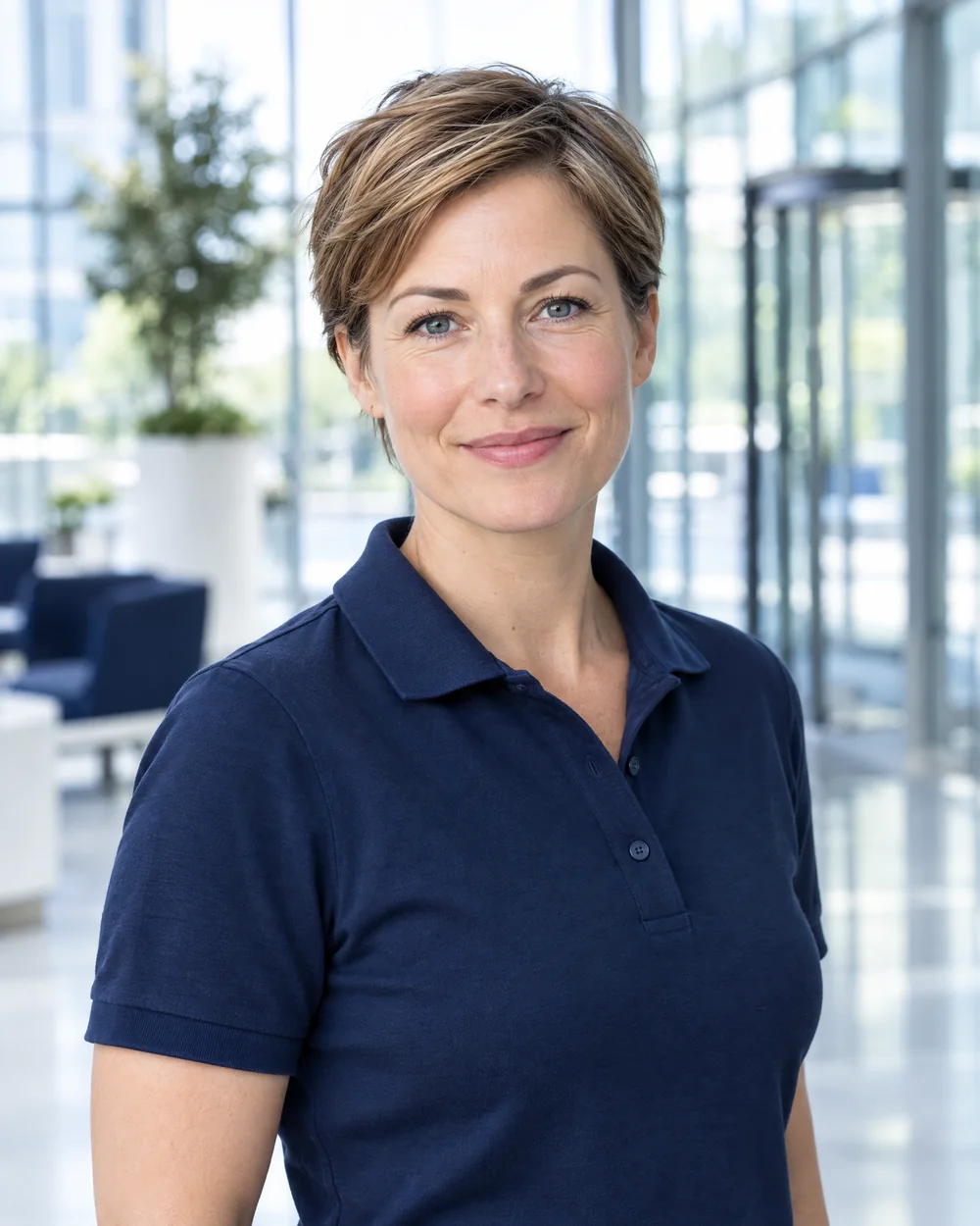 Porträt der Inhaberin im Beispiel Blankhorn: dunkelblaues Poloshirt, helles Foyer im Hintergrund