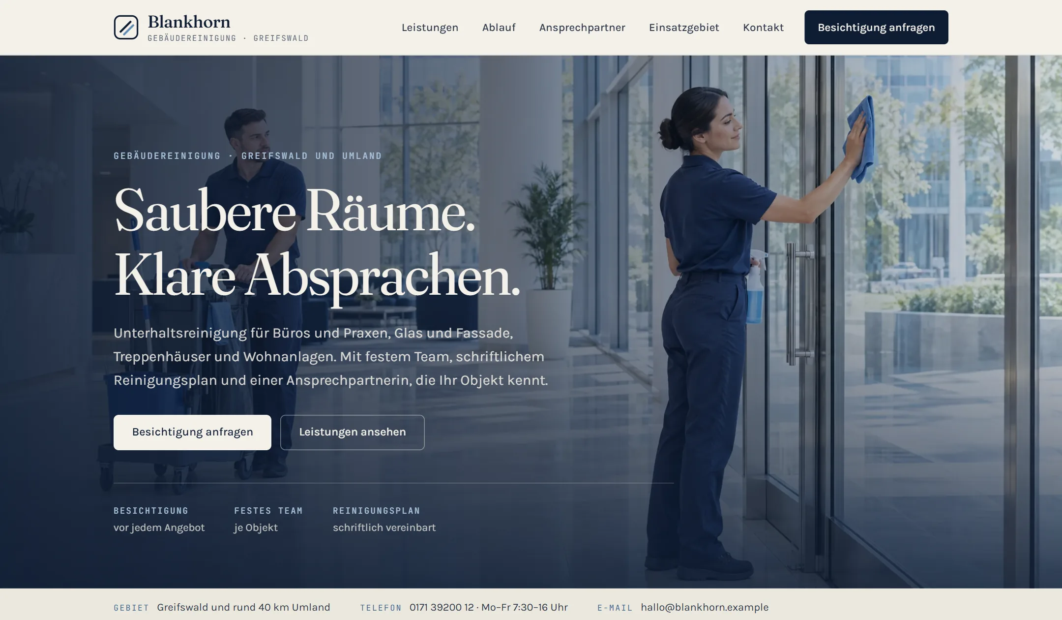 Startansicht der Beispiel-Website Blankhorn Gebäudereinigung (Gebäudereinigung)