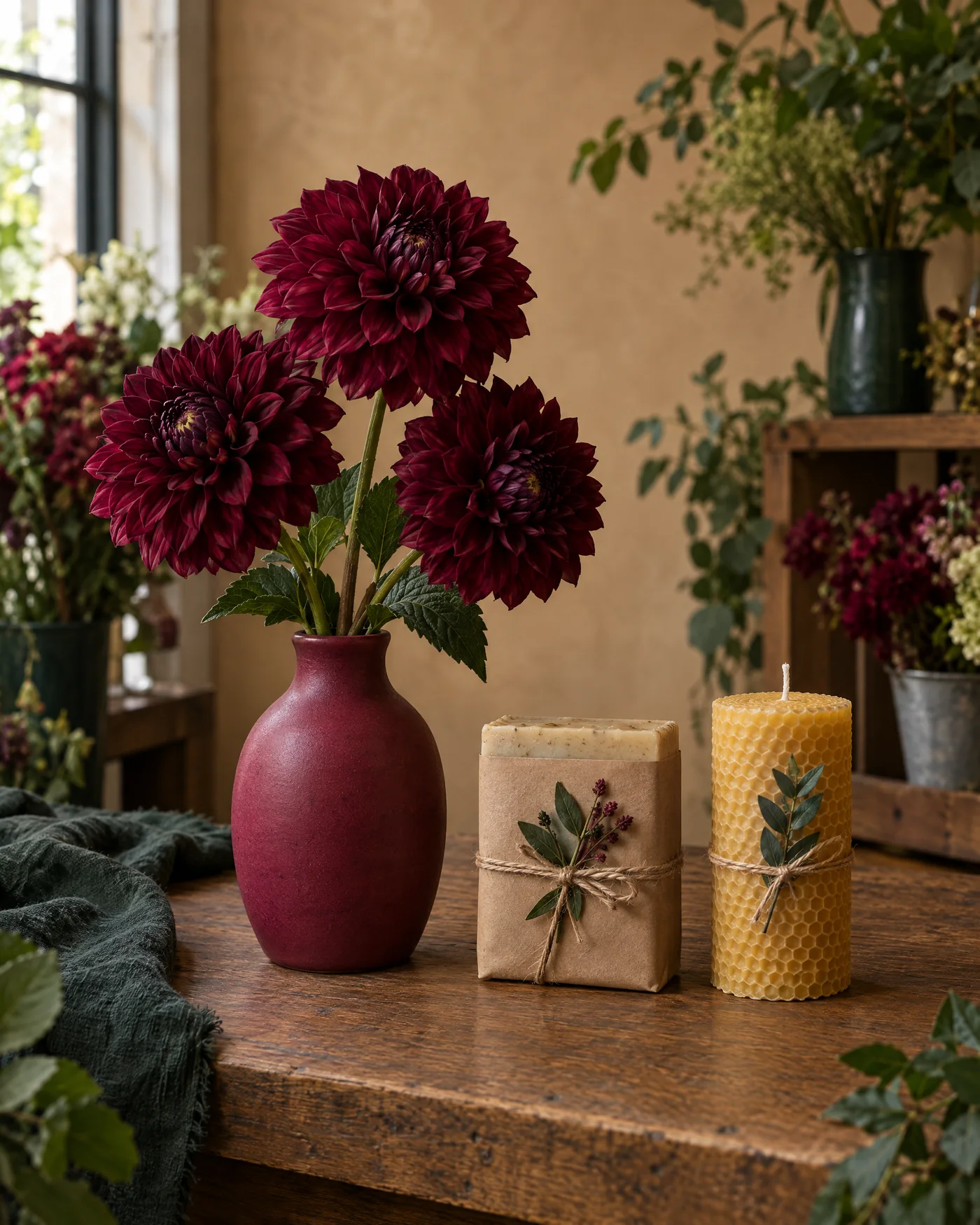 Drei dunkelrote Dahlien in einer beerenfarbenen Vase, daneben eine in Packpapier verpackte Seife und eine Bienenwachskerze