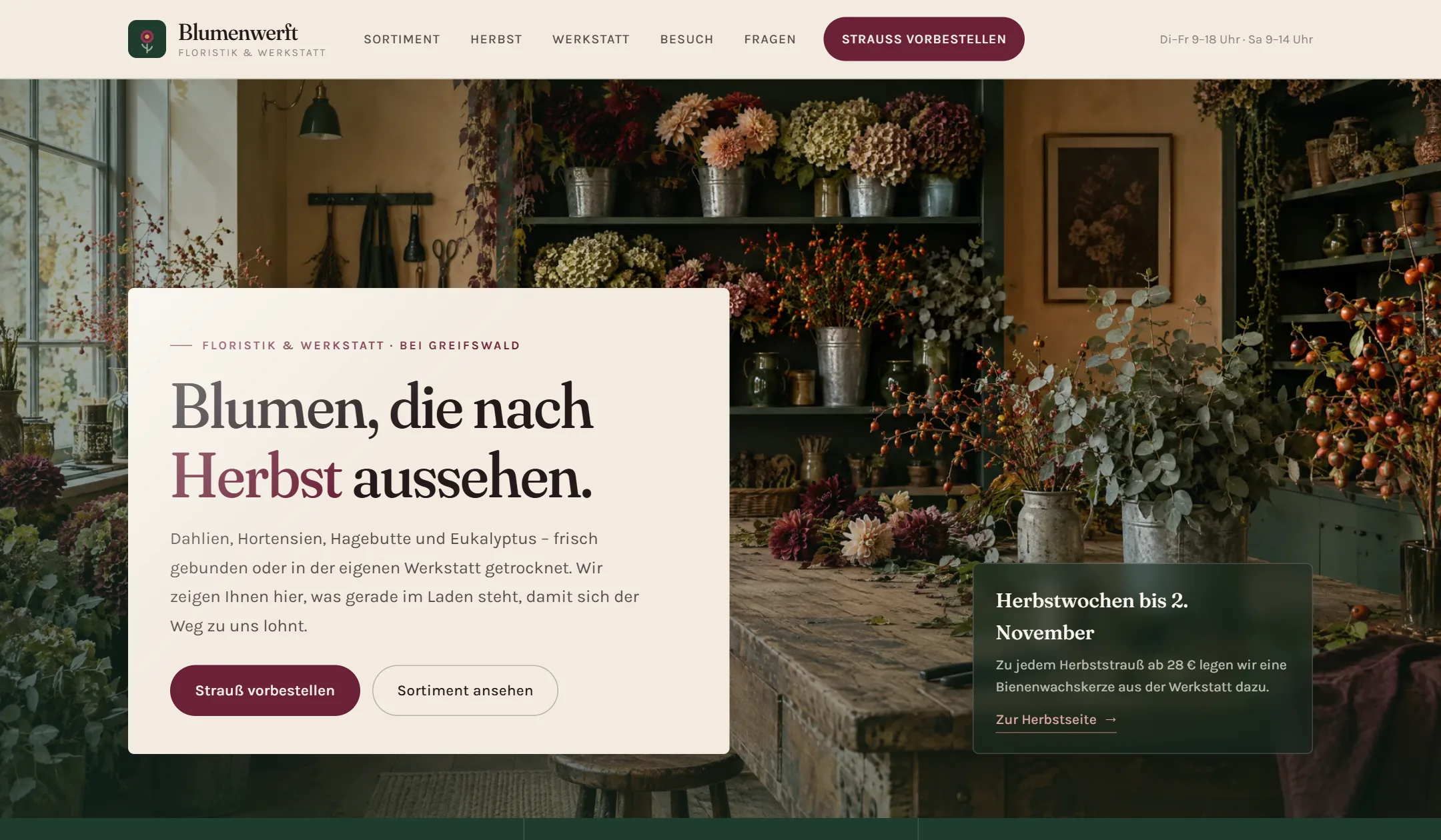 Startansicht der Beispiel-Website Blumenwerft (Floristik)