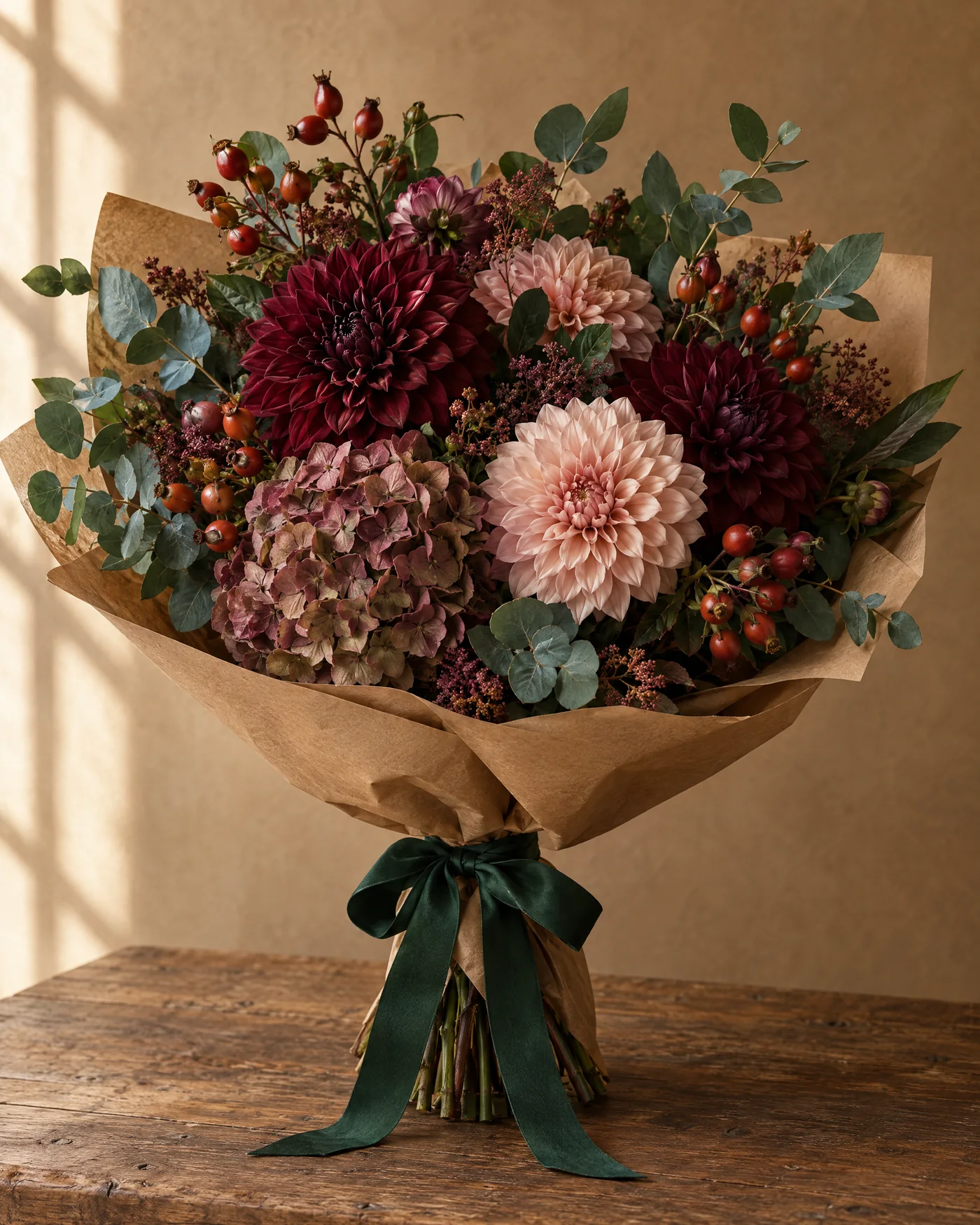 Herbststrauß in Packpapier mit dunkelroten und rosé Dahlien, getrockneter Hortensie, Hagebutte und Eukalyptus, gebunden mit grünem Band