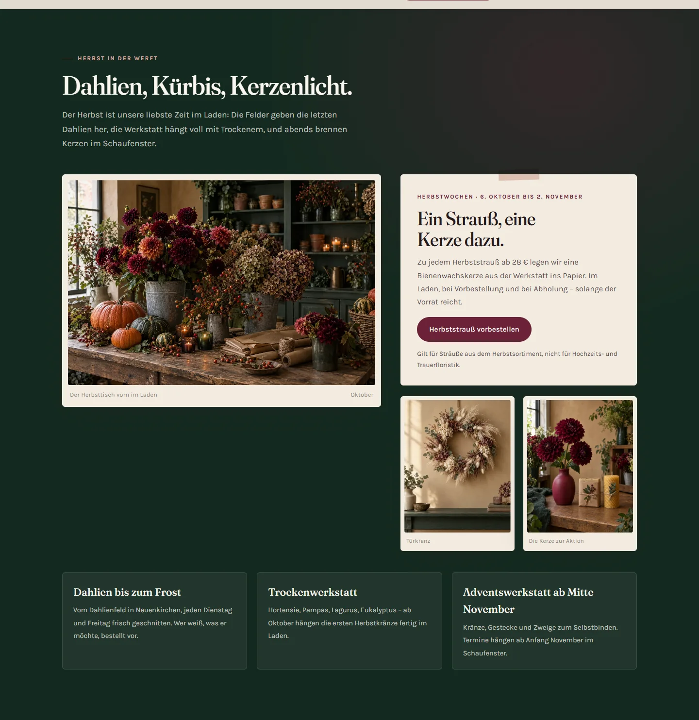 Bereich „Herbst in der Werft“ der Beispiel-Website: Saisontisch-Foto, Aktionsblatt „Ein Strauß, eine Kerze dazu“ mit Zeitraum und Vorbestell-Knopf, kleine Bilder von Kranz und Kerze