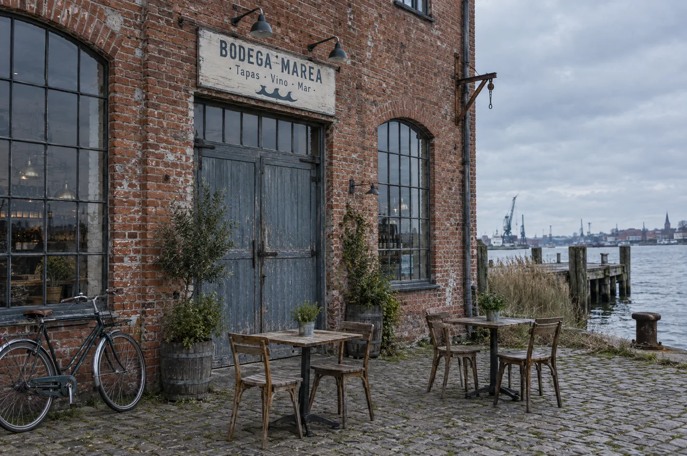 Der Backsteinspeicher der Bodega Marea am Kai: graublaue Holztür, Schild „Bodega Marea · Tapas · Vino · Mar“, zwei Bistrotische, dahinter das Wasser