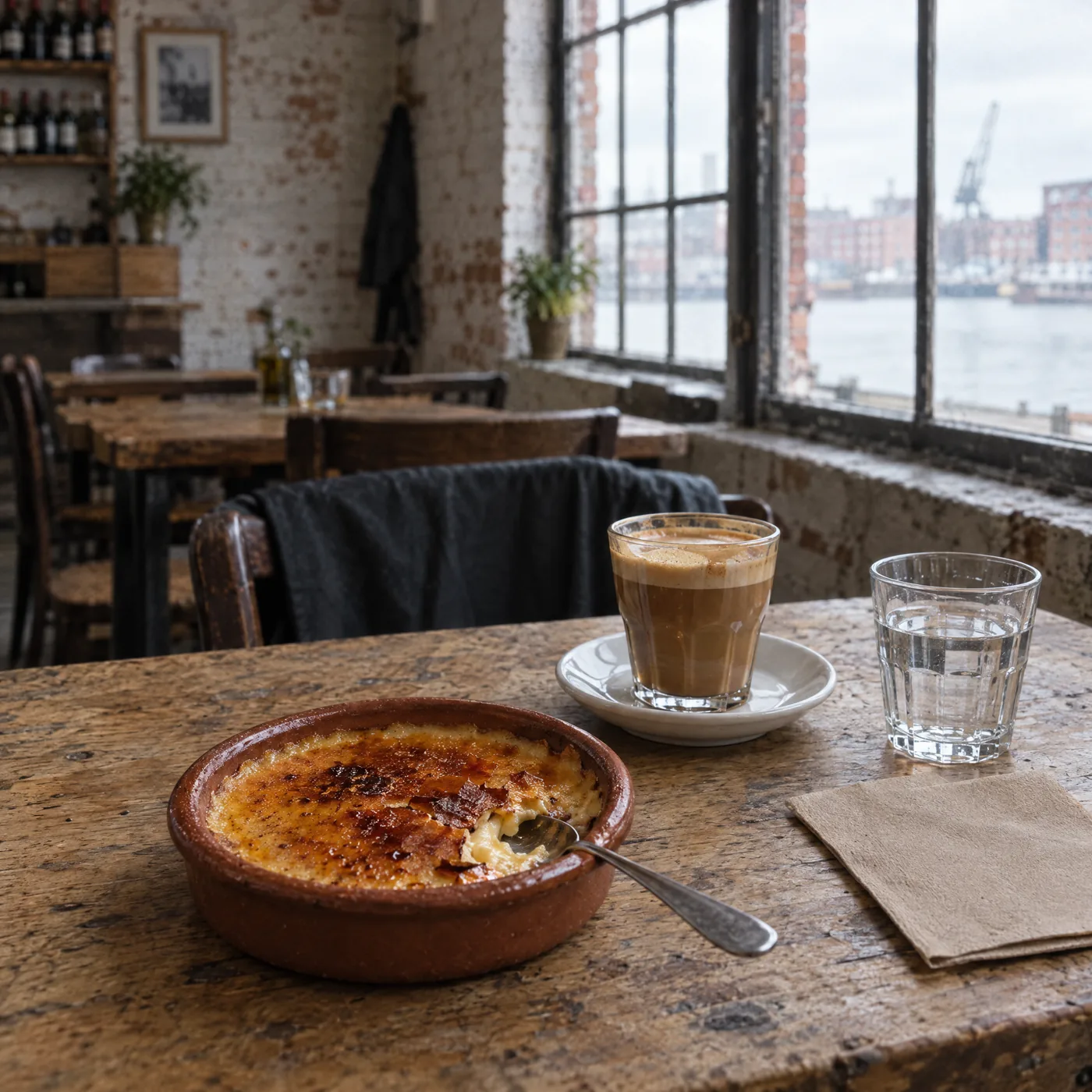 Crema Catalana mit gebrannter Kruste und ein Cortado am Fenstertisch