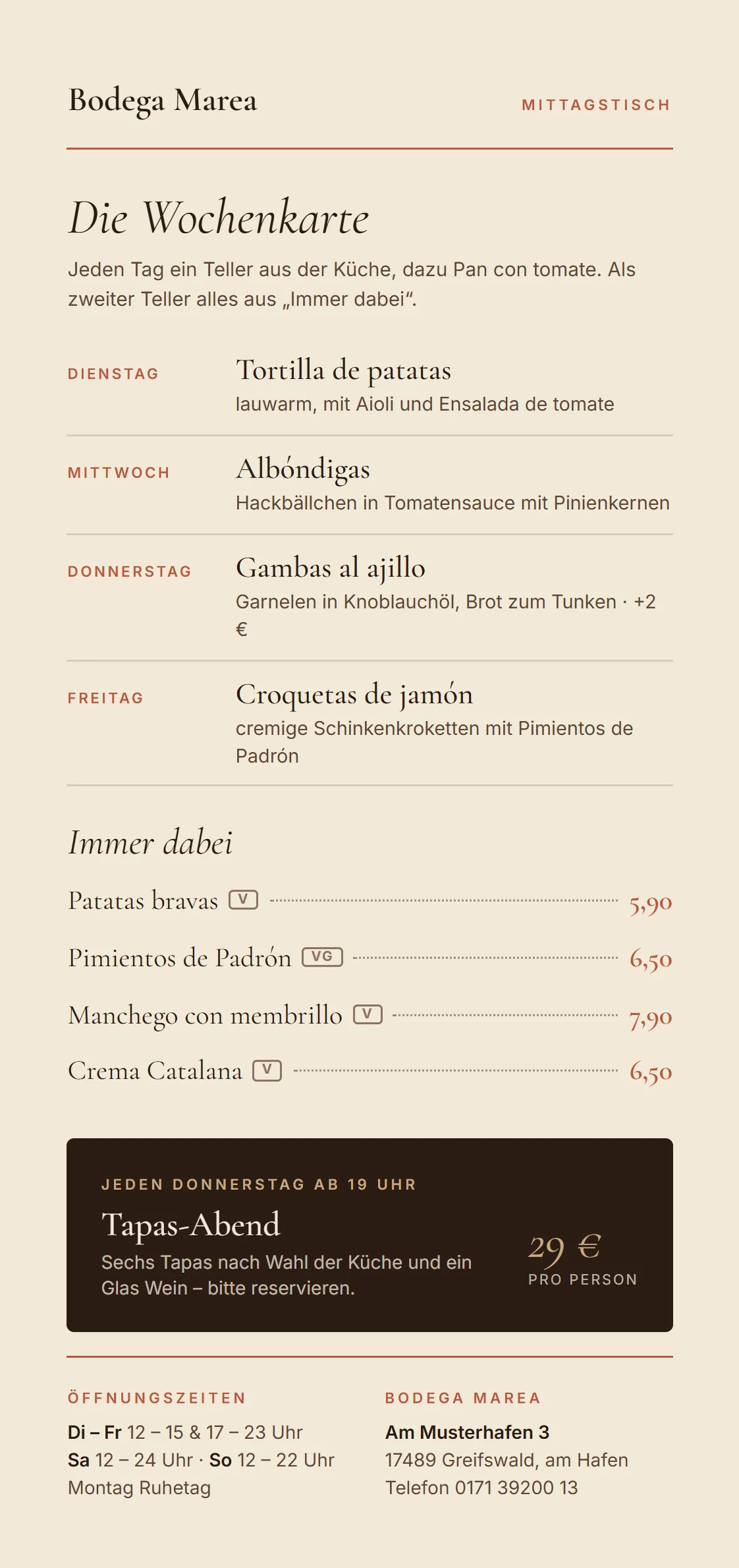 Flyer Rückseite: Wochenkarte Dienstag bis Freitag, Immer dabei mit Preisen, Tapas-Abend donnerstags 29 Euro, Öffnungszeiten und Adresse