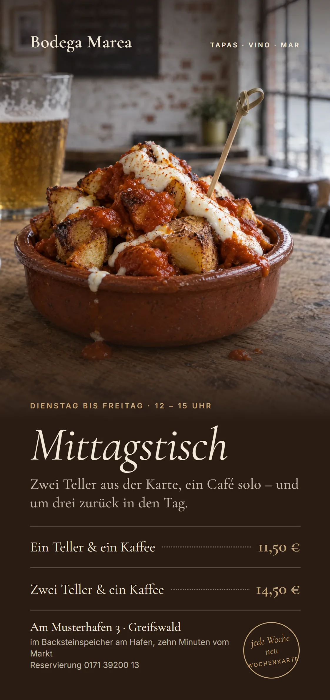 Flyer Vorderseite: Patatas bravas, Überschrift Mittagstisch, Dienstag bis Freitag 12 bis 15 Uhr, ein Teller und Kaffee 11,50 Euro, zwei Teller 14,50 Euro