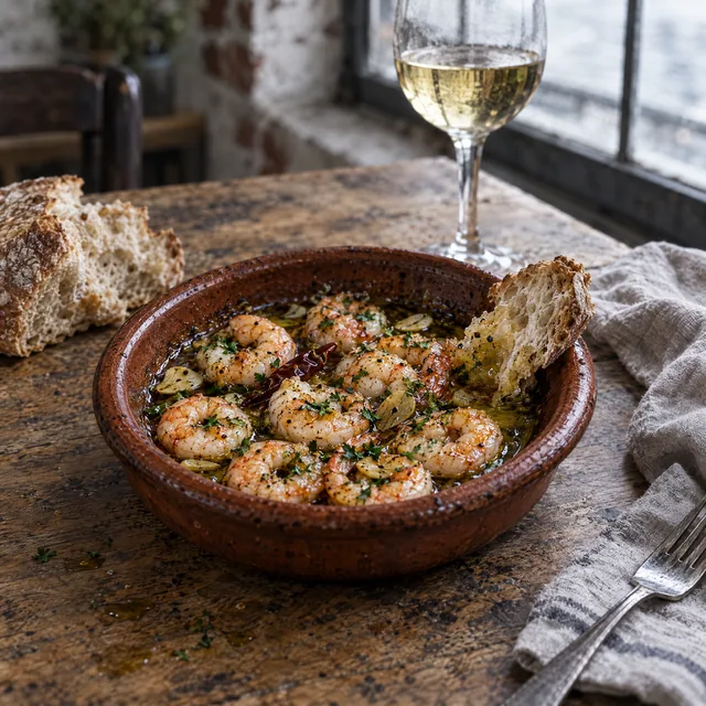 Gambas al ajillo in der Cazuela, daneben Brot und ein Glas Weißwein