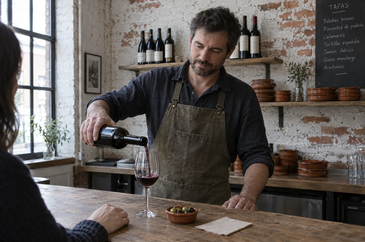 Der Gastgeber in Leinenhemd und Schürze schenkt hinter dem Eichentresen einem Gast Rotwein ein, Tageslicht vom Fenster