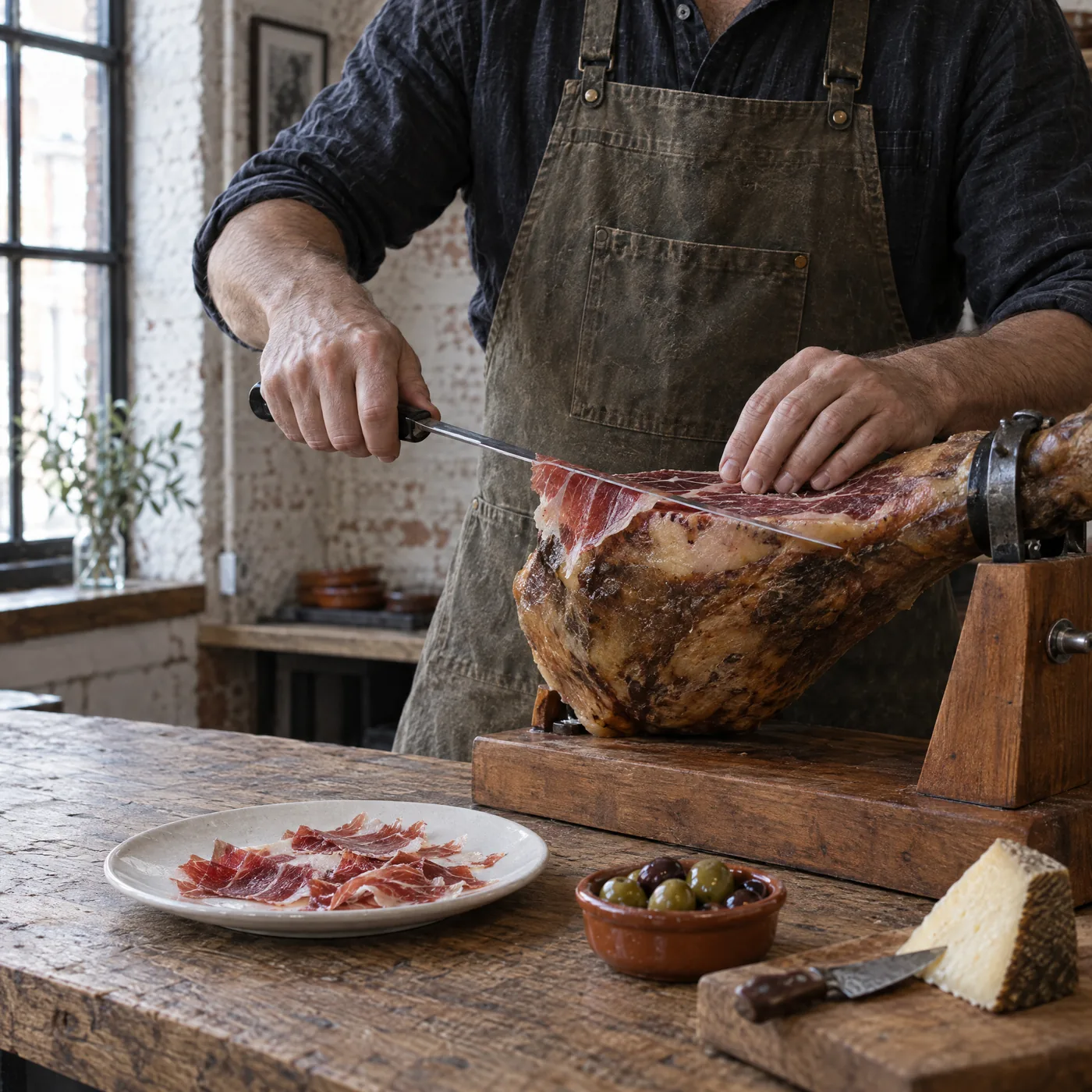Jamón wird von Hand am Tresen geschnitten, dünne Scheiben auf dem Teller, Oliven und Manchego daneben