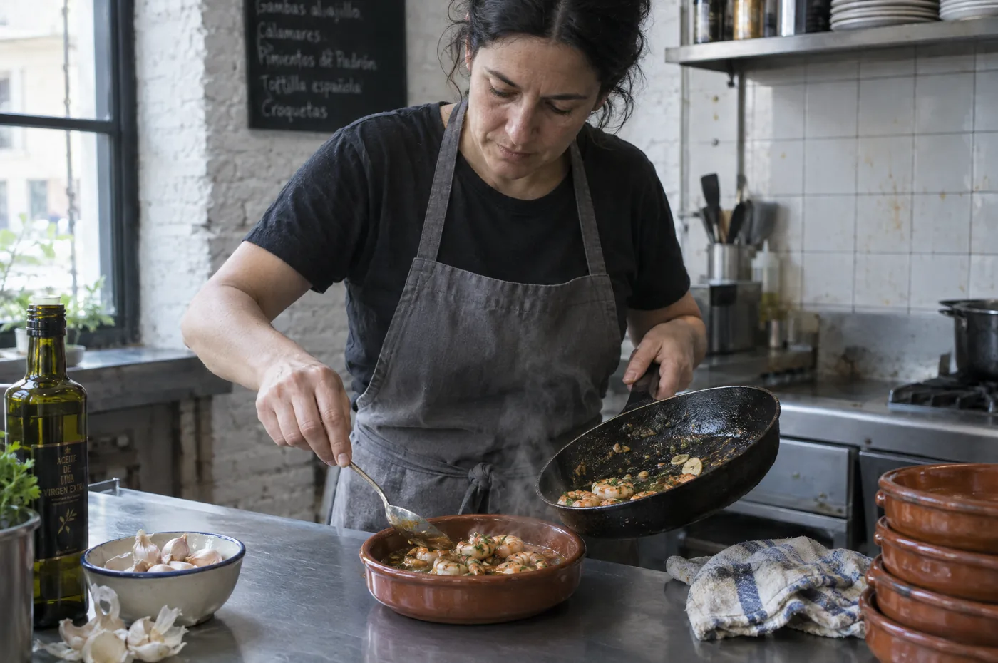 Die Köchin der Bodega Marea richtet in der offenen Küche Gambas al ajillo aus der Pfanne in einer Terrakotta-Cazuela an, Tageslicht von der Seite