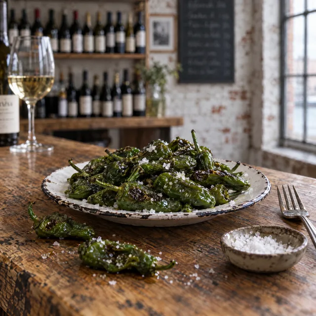 Pimientos de Padrón mit grobem Meersalz auf einem Emailleteller