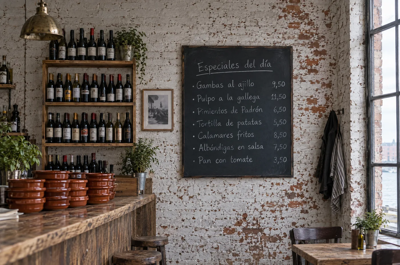 Die Tageskarte auf der schwarzen Tafel an der Backsteinwand, daneben das Weinregal und ein Stapel Terrakotta-Cazuelas auf dem Tresen