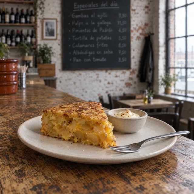 Ein Stück Tortilla de patatas mit Aioli auf dem Tresen