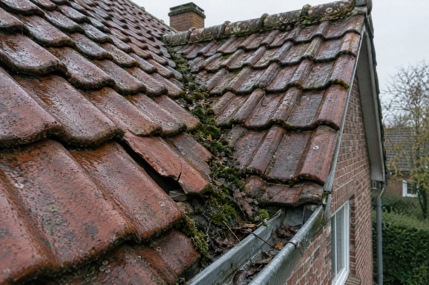 Verrutschter, gerissener Dachziegel neben der Kehle, in der sich Moos und Laub gesammelt haben