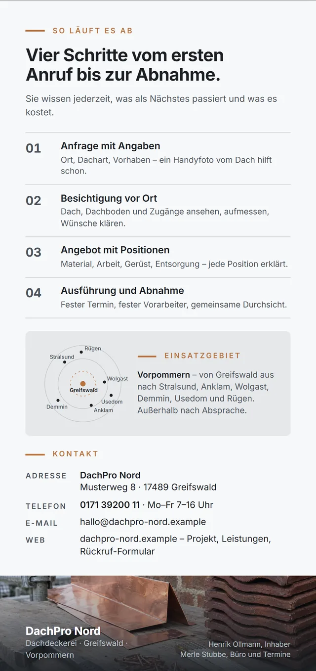 Rückseite des Flyers: Ablauf in vier Schritten, Einsatzgebiet, Kontakt