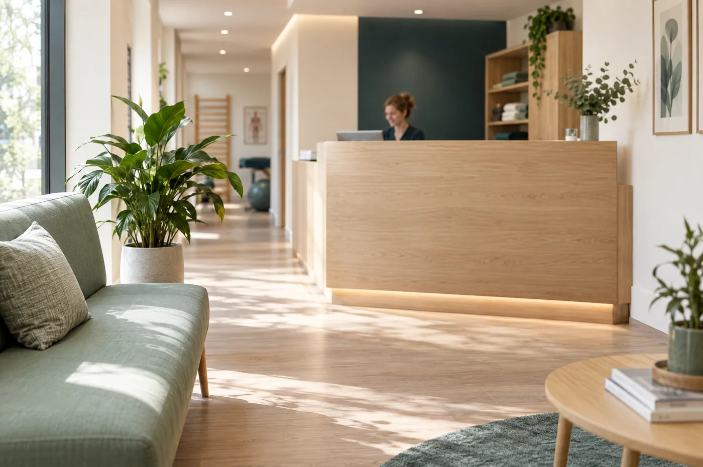 Heller Praxisempfang mit Holztresen, Sitzbank und Pflanzen im Tageslicht