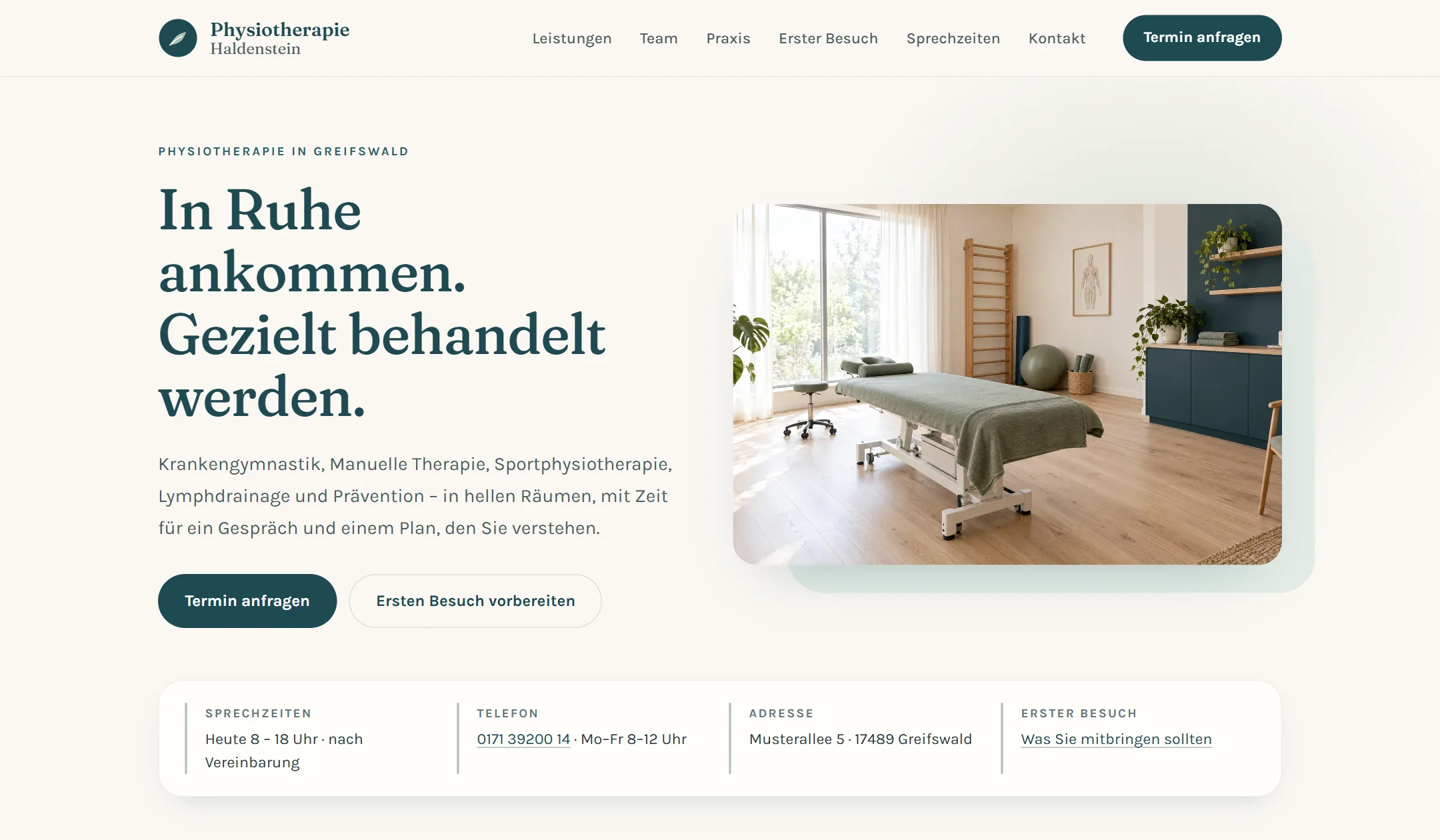 Startansicht der Beispiel-Website Physiotherapie Haldenstein (Physiotherapie)