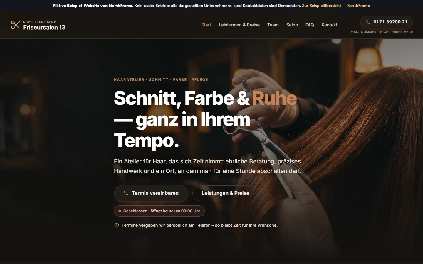 Vorschau der Beispiel-Website NorthFrame Demo – Friseursalon 13