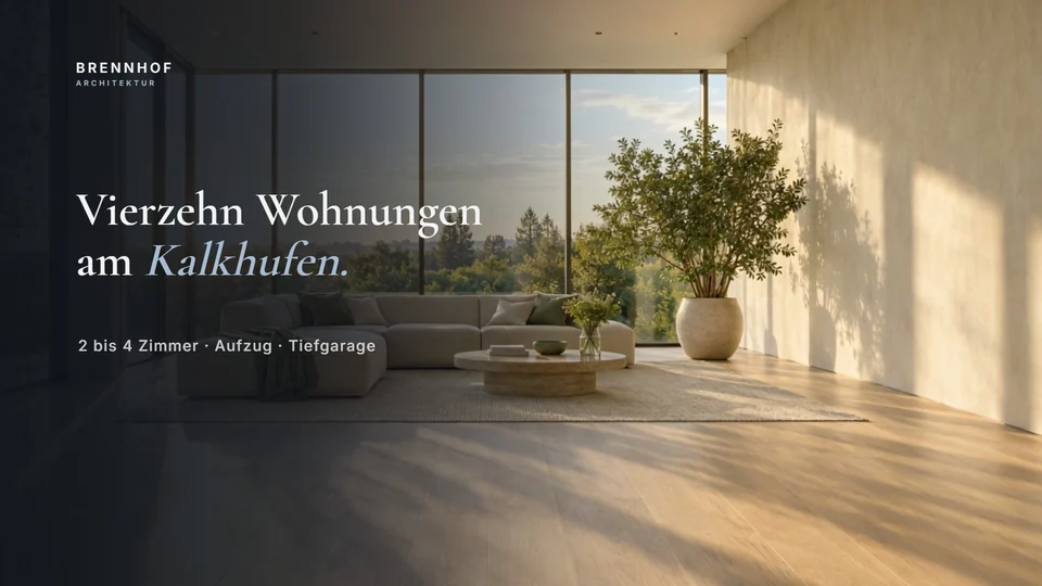 Botschaft: heller Wohnraum mit „Vierzehn Wohnungen am Kalkhufen.“