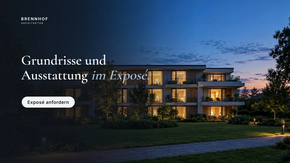 CTA: Gebäude in der Dämmerung mit „Grundrisse und Ausstattung im Exposé.“ und „Exposé anfordern“