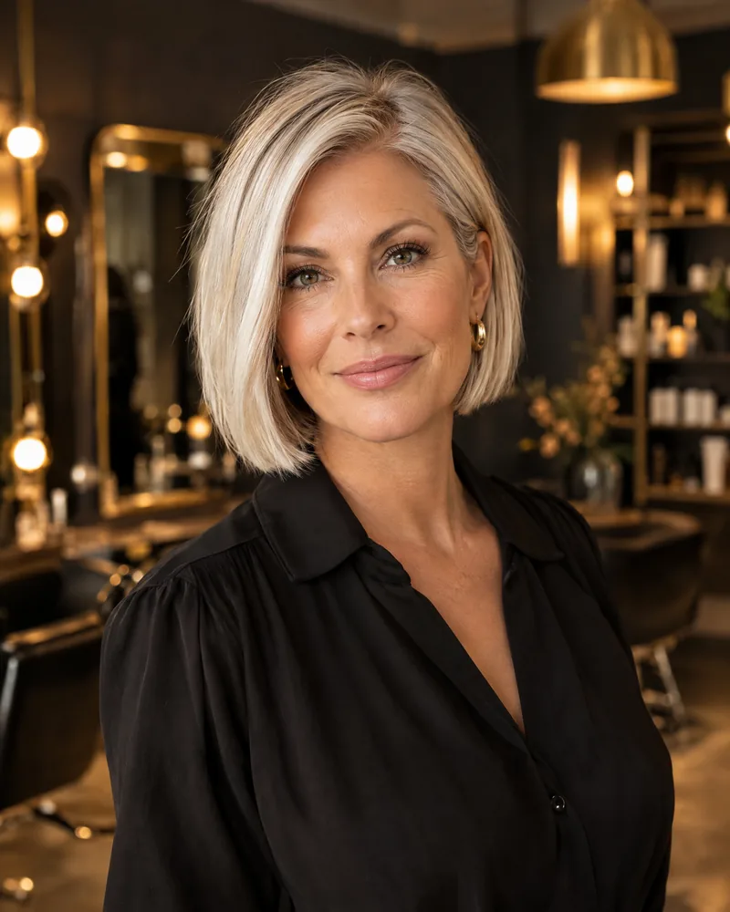 Porträt von Clara, Inhaberin und Friseurmeisterin, mit silberblondem Bob