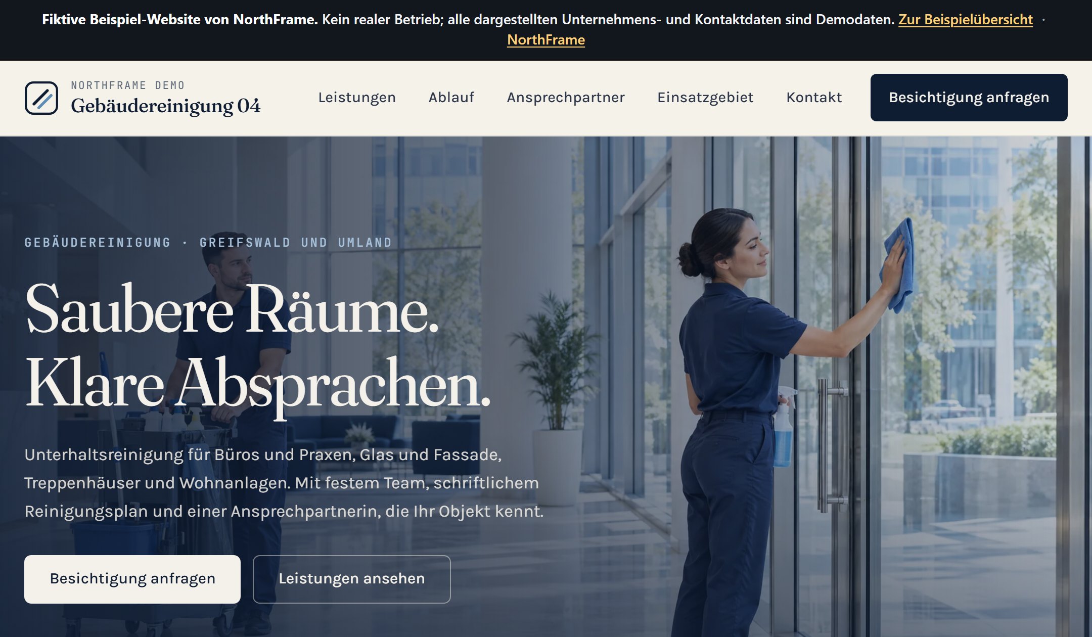 Startansicht der Beispiel-Website NorthFrame Demo – Gebäudereinigung 04