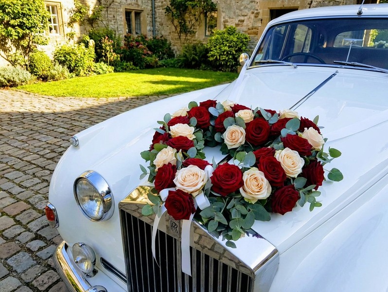 Herzförmiger Rosenschmuck auf einer Motorhaube zur Hochzeit