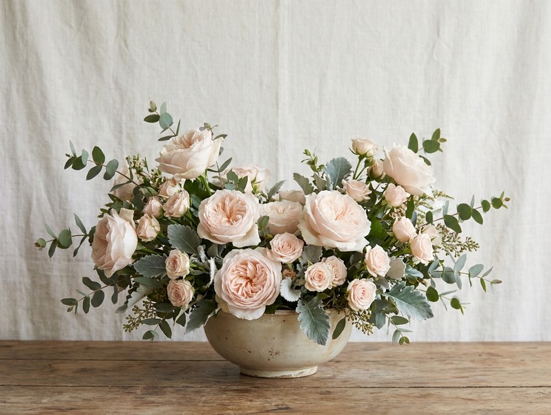 Üppiges Gesteck aus zartrosa Rosen