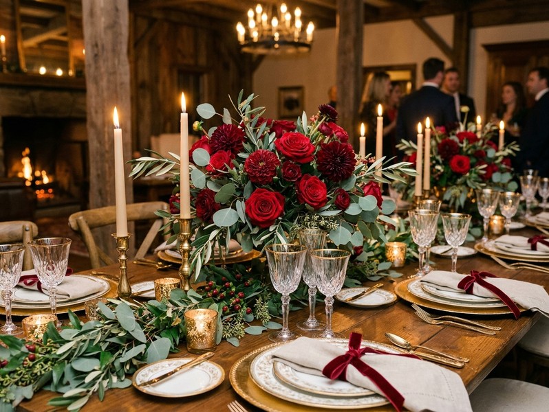 Gedeckte Festtafel mit Rosen-Tischschmuck