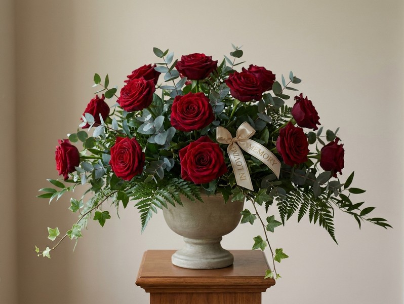 Trauergesteck mit roten Rosen