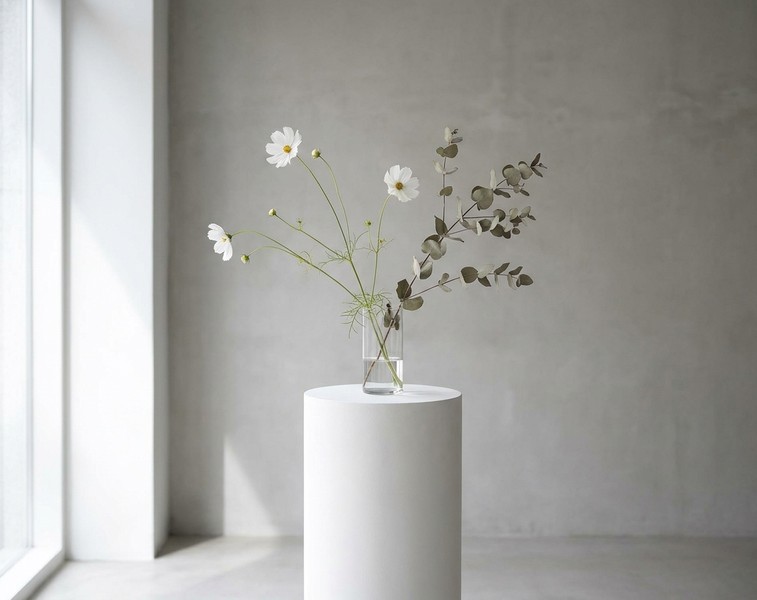 Freie, minimalistische Blumengestaltung auf einer Säule