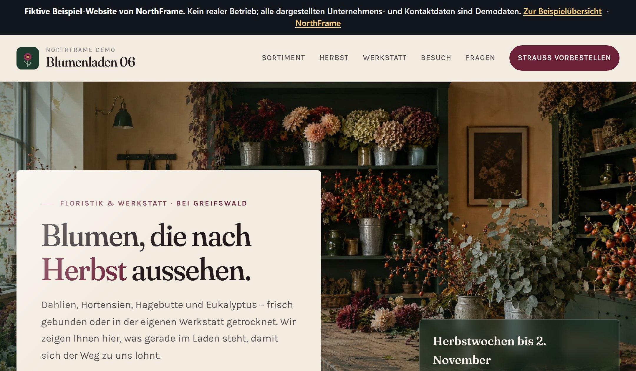 Startansicht der Beispiel-Website NorthFrame Demo – Blumenladen 06