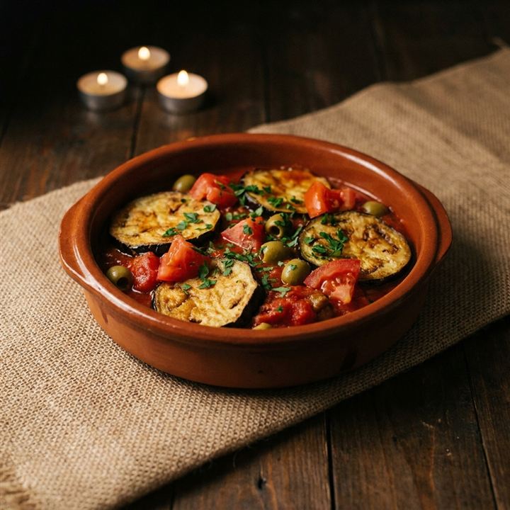 Berenjena frita en salsa de tomate — frittierte Aubergine in Tomatensoße