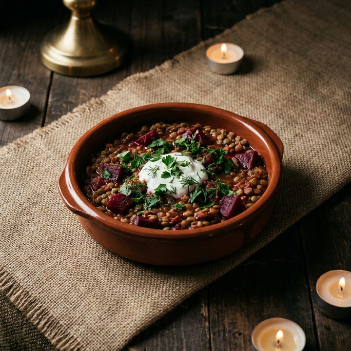 Gulash de verduras — Gemüsegulasch mit Linsen, Rote Bete und Joghurt
