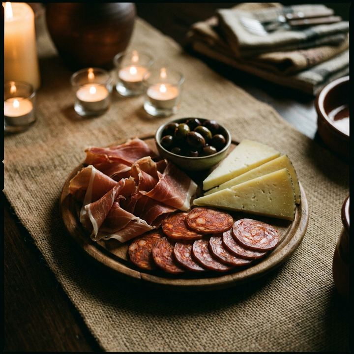 Plato de Tapas mixta — mit Serrano-Schinken, Chorizo und Manchego