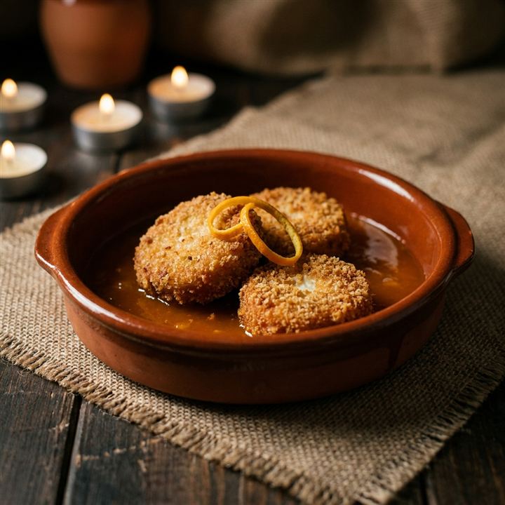 Queso de cabra frito — frittierter Ziegenkäse an Orangensoße
