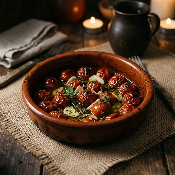 Tomatito frito — gebackene Tomaten in Knoblauch-Kräuter-Öl