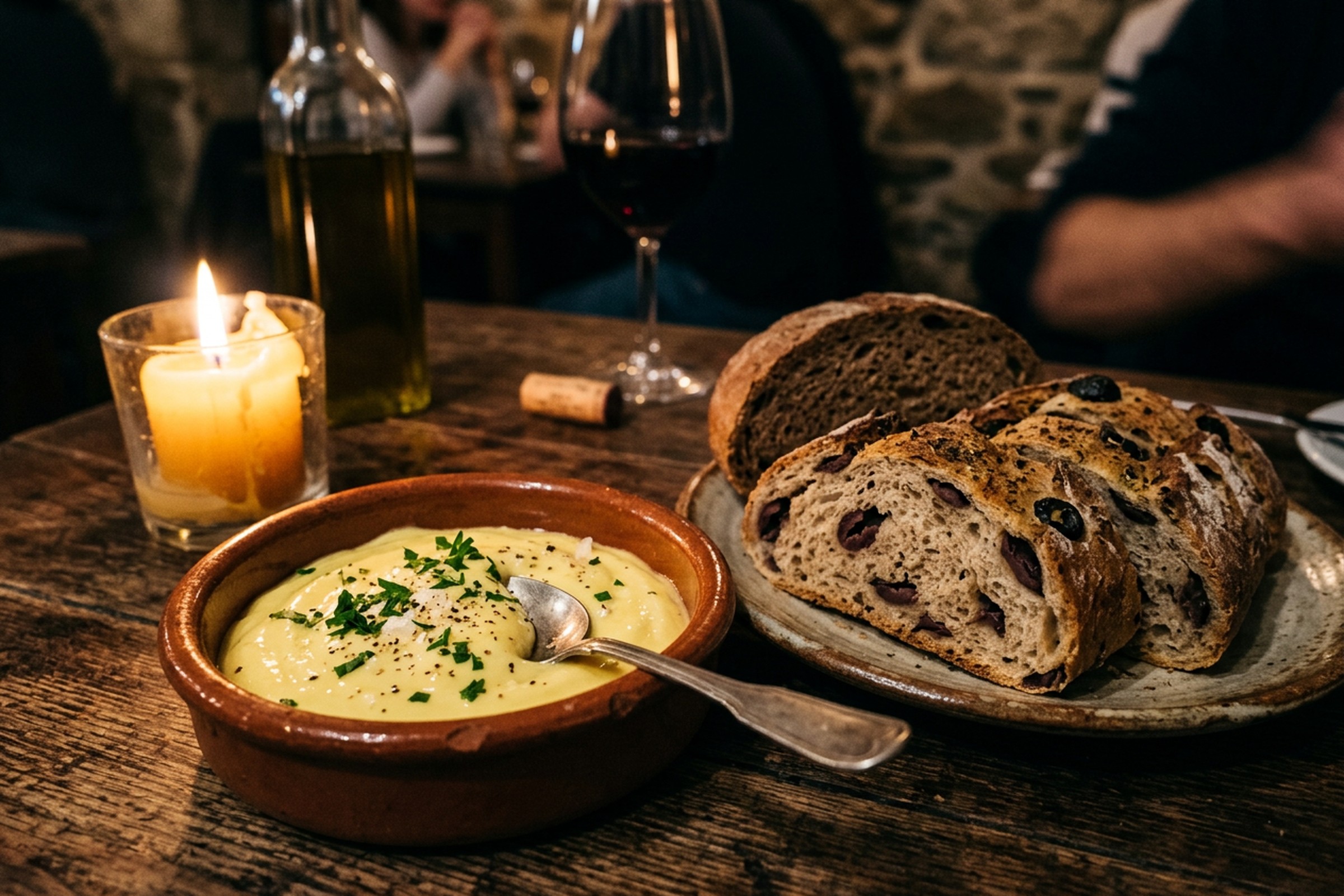 Hausgemachte Aioli in der Terrakotta-Cazuela mit Olivenbrot