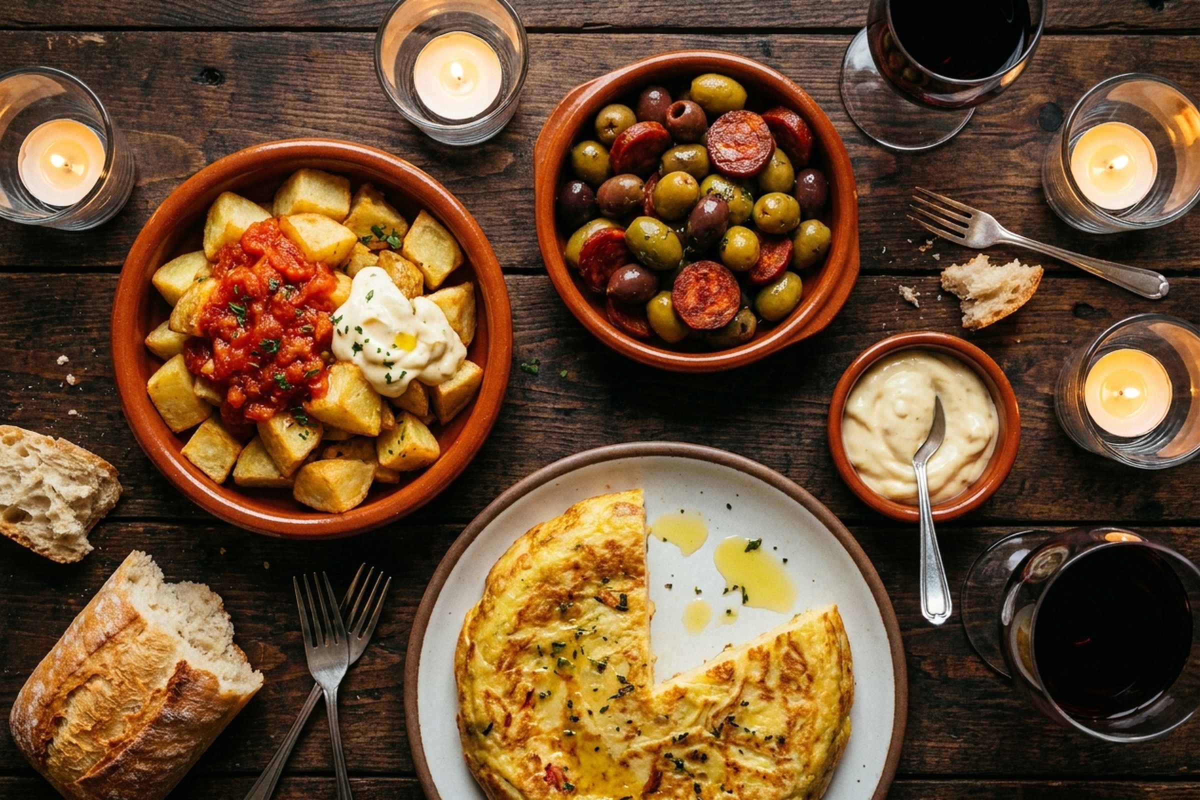 Spanische Tapas im Bodega Marea: Oliven, Chorizo, Serrano-Schinken und Tortilla in Terrakotta-Schalen