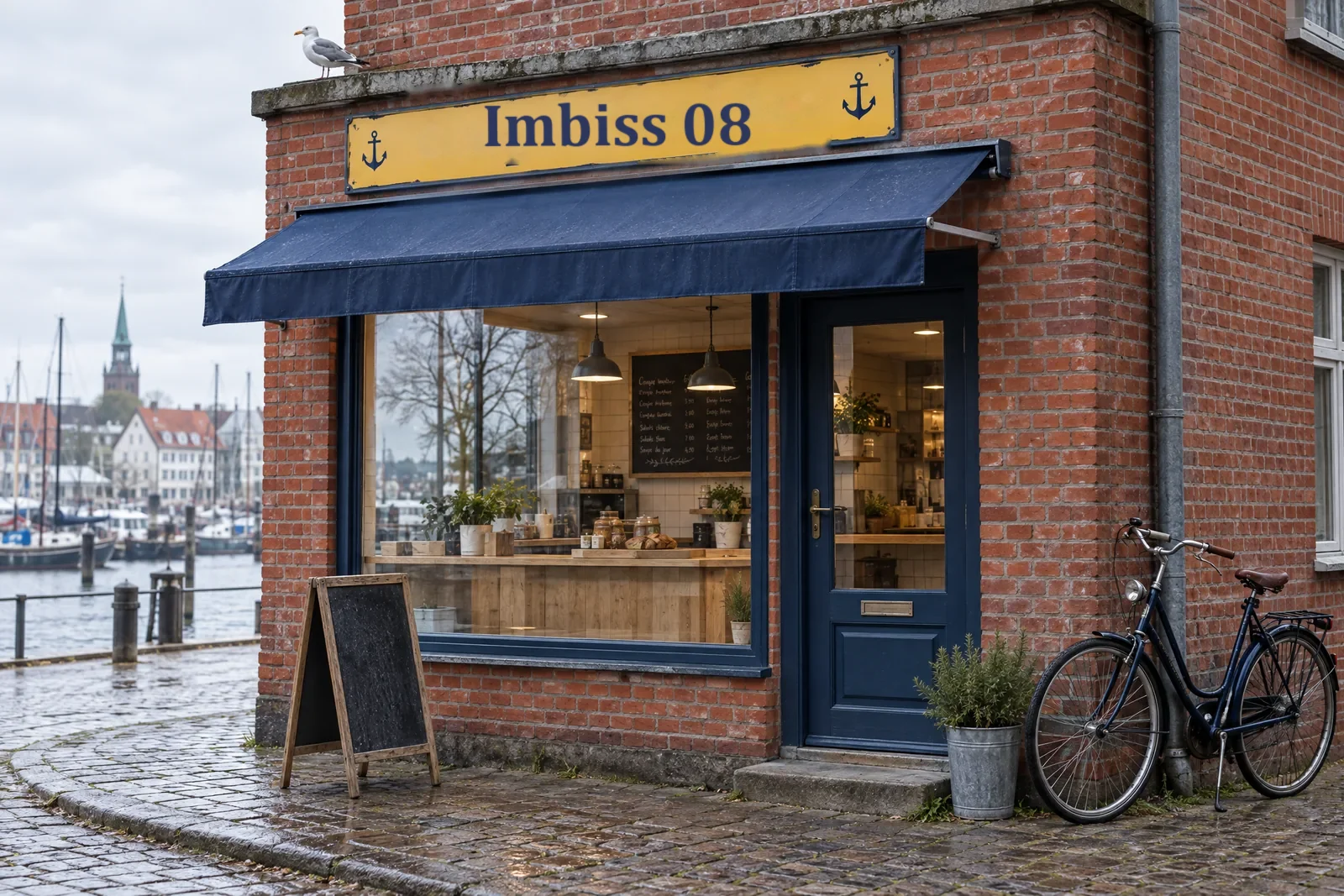 Der Laden von außen: Backsteinecke, blaue Markise, gelbes Namensschild, ein Fahrrad an der Wand, dahinter der Hafen