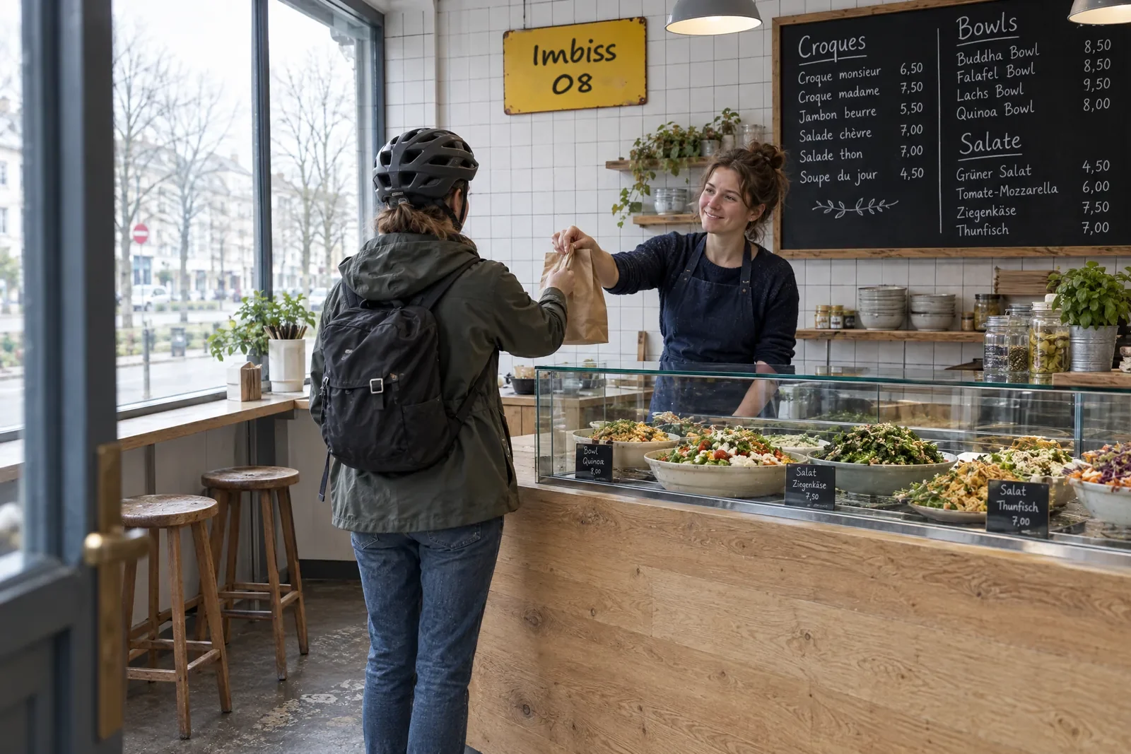 Der Laden von der Tür aus: Holztresen mit Vitrine voller Salate und Bowls, die Tafel mit der Karte, ein gelbes Namensschild und eine Mitarbeiterin, die einer Kundin mit Fahrradhelm eine Papiertüte reicht