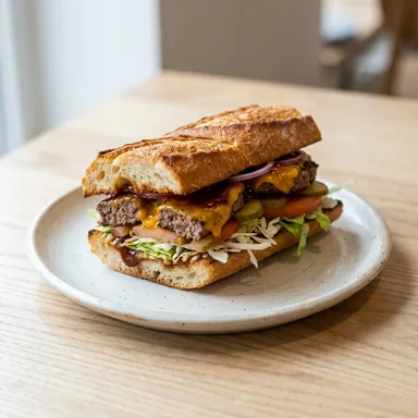 BBQ Burger Croque — warmes Baguette mit Rindfleisch, Chester Käse, dänischen Gurken und BBQ-Sauce