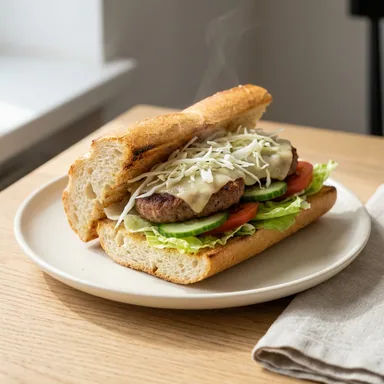 Boulette Croque — warmes Baguette mit Boulette, Salat, Weißkraut, Käse, Gurke und Tomate