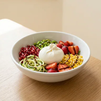 Burrata Bowl mit Granatapfelkernen, Erdbeeren, Edamame, Zucchininudeln, Mais und Balsamico-Creme