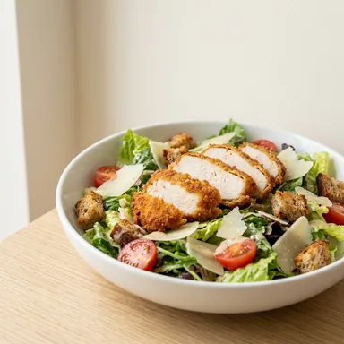 Caesar Salat mit Kirschtomaten, Parmesan, panierter Putenbrust und Croutons