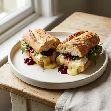 Camembert Croque — warmes Baguette mit überbackenem Camembert, Rucola und Preiselbeersauce