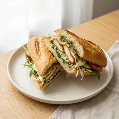 Chicken Pesto Croque — warmes Baguette mit panierter Hähnchenbrust, Rucola, Mozzarella und grünem Pesto
