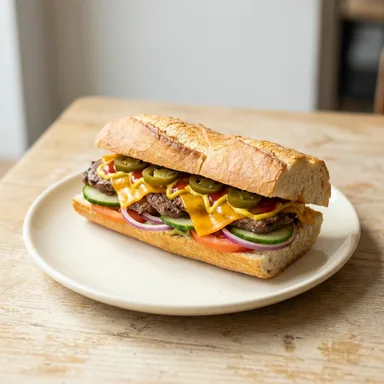 Chili Cheese Burger Croque — warmes Baguette mit Rindfleisch, Chester Käse, Jalapeños und dänischen Gurken