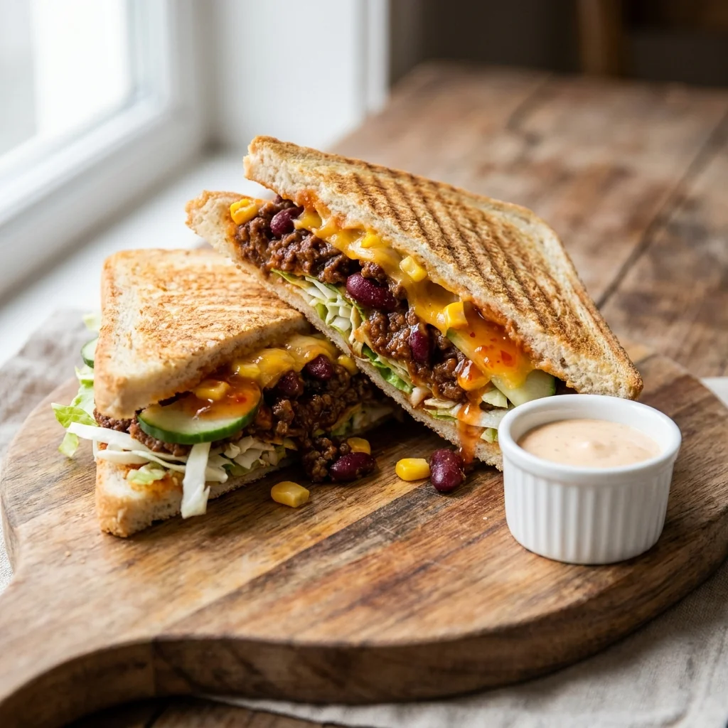 Chilli Croque — warmes Baguette mit Chili con Carne, Käse und Sweet-Chilli-Sauce