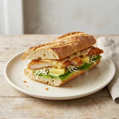 Crispy Chicken Croque — warmes Baguette mit panierter Putenbrust, Salat, Käse, Gurke und Ananas